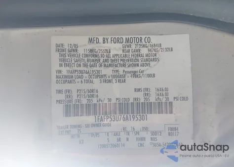 2006 Ford Taurus Se from USA, damaged, VIN 1FAFP53U76A195301